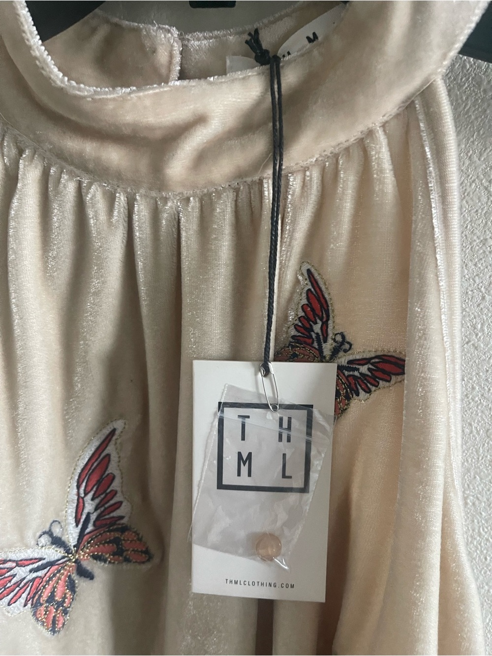 THML Beige Velvet Halter Tank with Red & Orange Butterfly Embroidery - Picture 6 of 6